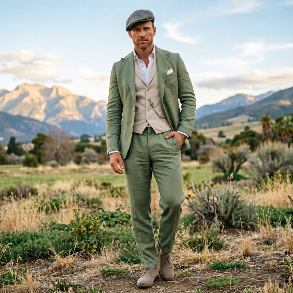 Men Formal Wear Green - Sagegroene linnen heren driedelig pak, ademend,