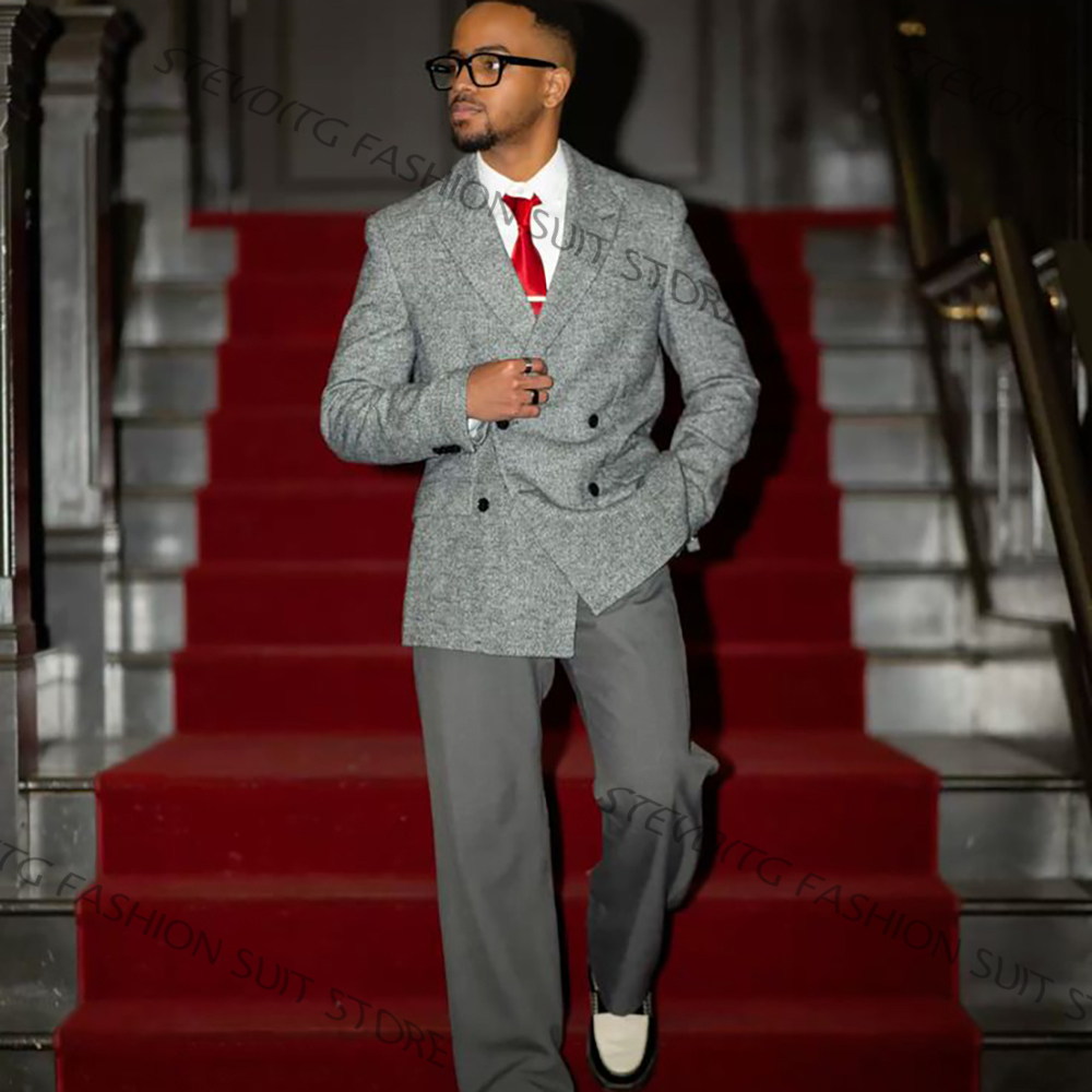 Men'S Formal Evening Wear - Casual getextureerde grijze herenpakken met dubbele