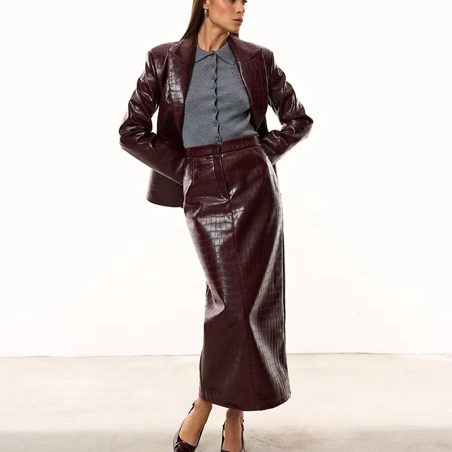 Double Breasted Blazer - IG Dames Bourgondische Croc Kunstleren 2-delige