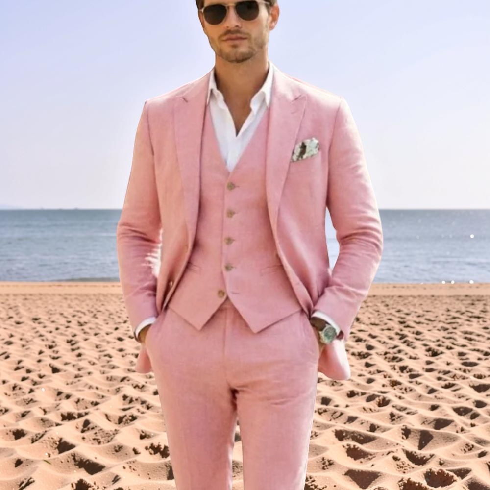 Men'S Holiday Formal Wear - Roze linnen heren trouwpak 3-delig pak