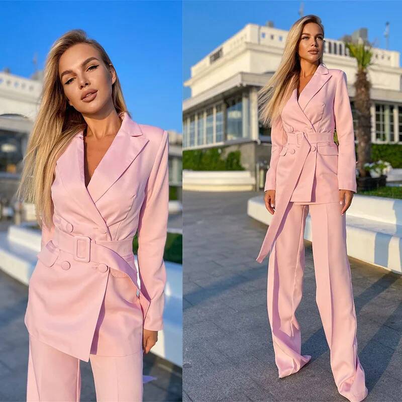 Double Breasted Blazer - Dames roze pakken 2-delig zakelijke damesbroek